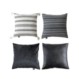 4 Piece Throw Pillow Covers Set Black White Faux Leather Velvet Boho Tassel